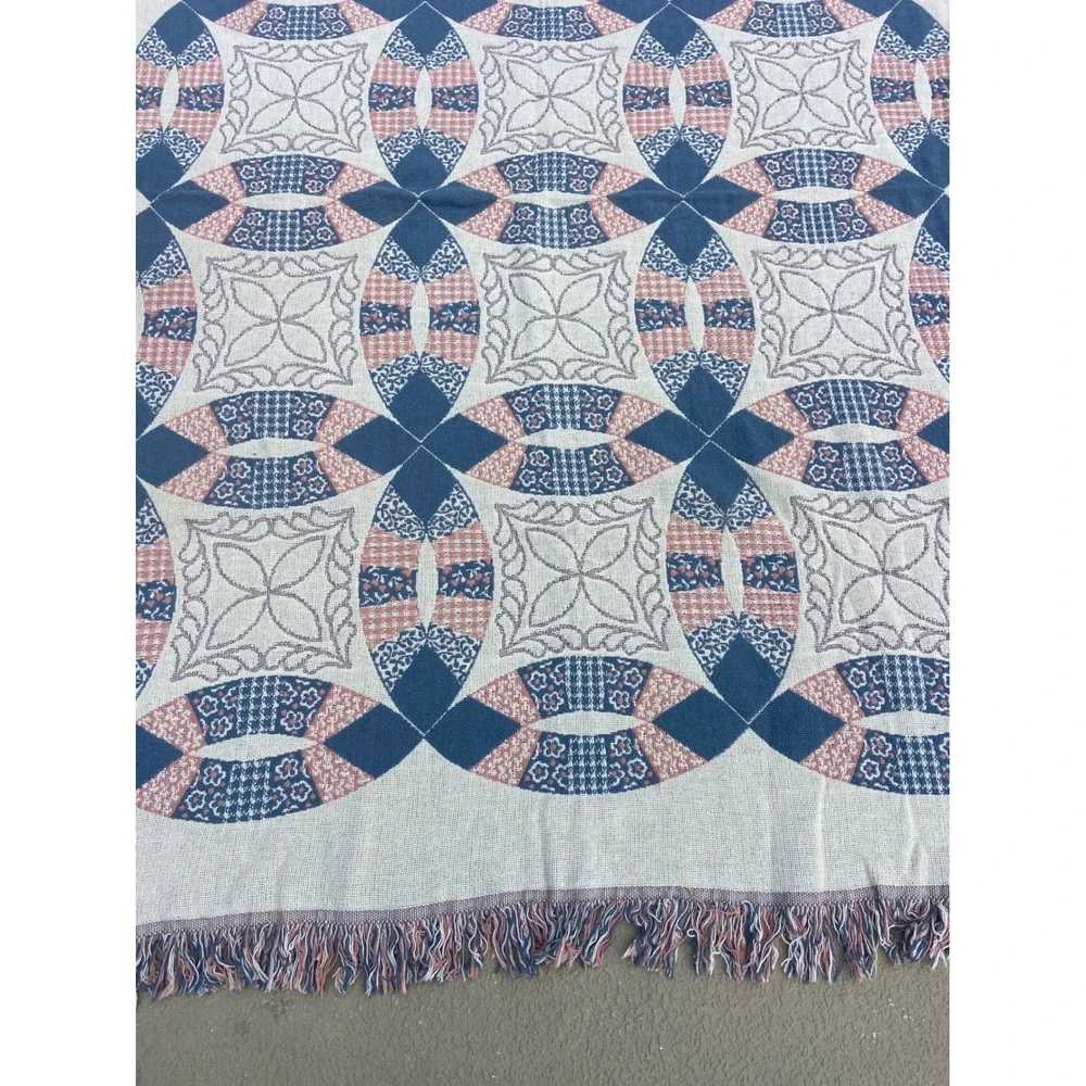 Goodwin Weavers Double Wedding Ring Woven Throw Blanket Reversible Pink Blue 70